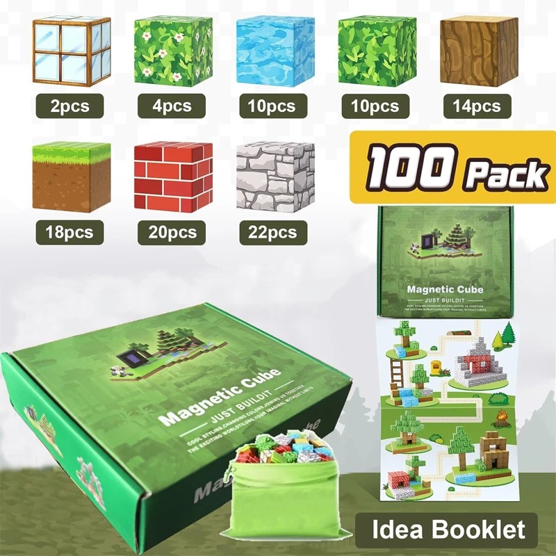 Minecraft Magnetic Cube Just Build it, 100 Pcs Magnetic Blocks Adventure Game, Build Mine World Set for Boys & Girls 8 Years+